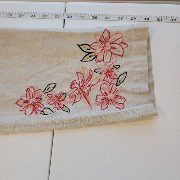 Fluent Life Linen Drawstring Casual Embroidered Pants Sz 6 Beige Neutral Floral - Picture 11 of 12